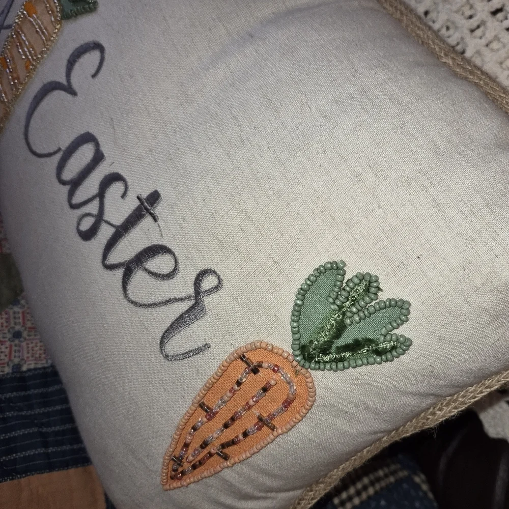 Set of 2 EASTER PILLOWS, 3D BUNNY W/ SEWN ON FLOWERS & BEADED CARROTS PILLOW